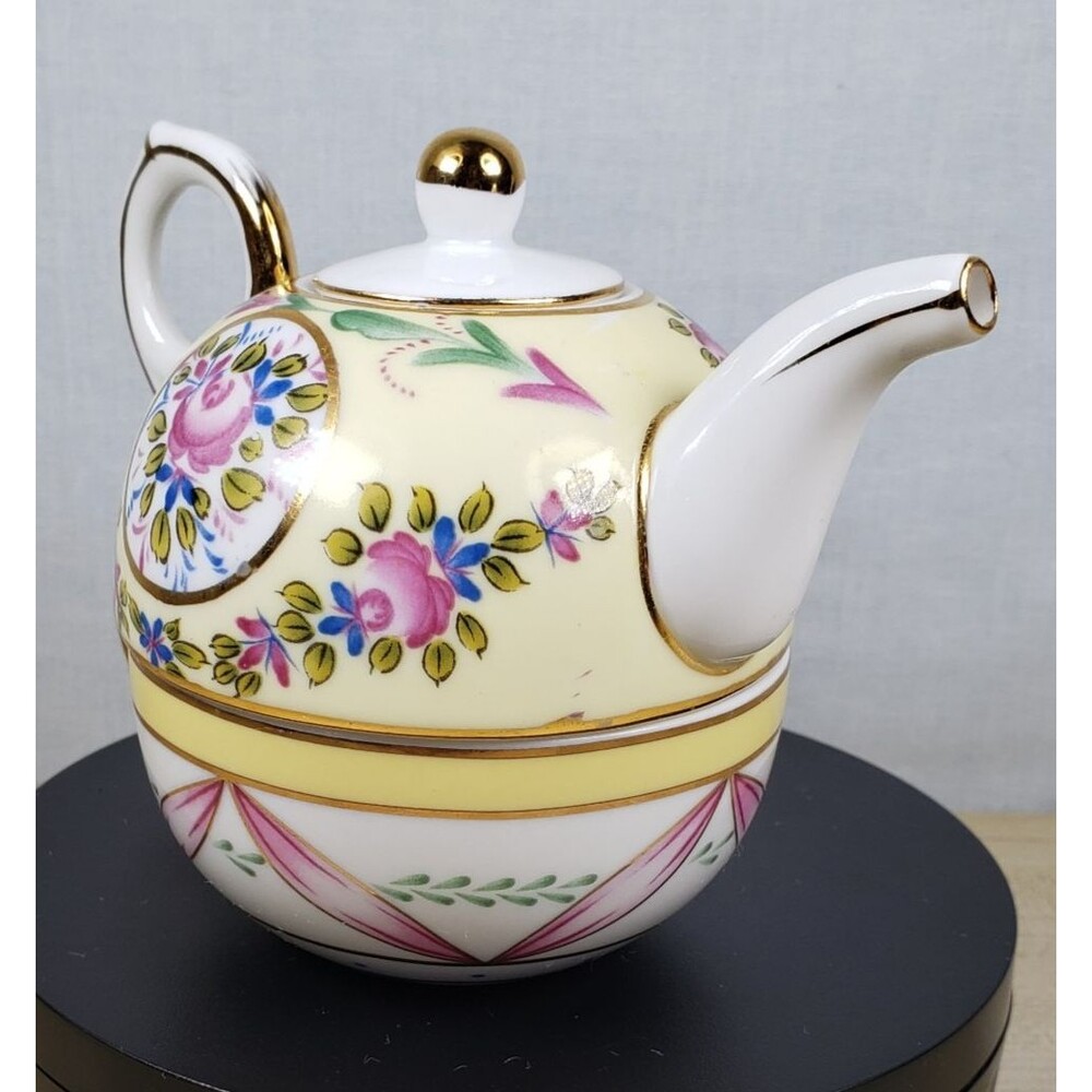 Vintage Nantucket Single Serve Teapot With Lid And Teacup Yellow Floral 4” Tall - Picture 6 of 16